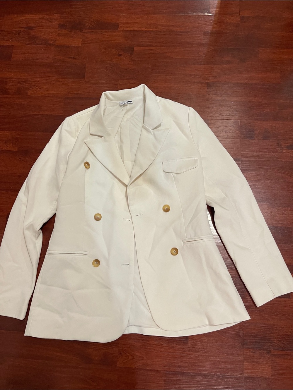 Fashion Nova Cream Double-Breasted Blazer with Gold Buttons